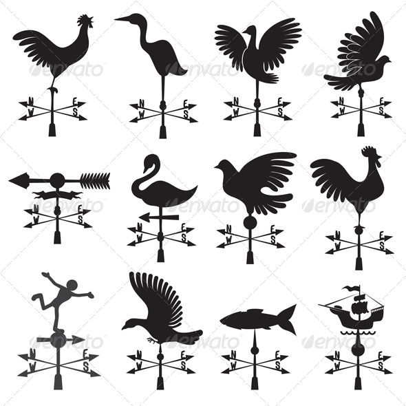 Set Of Wind Vanes  Vector Silhouettes For Design   Buildings Objects