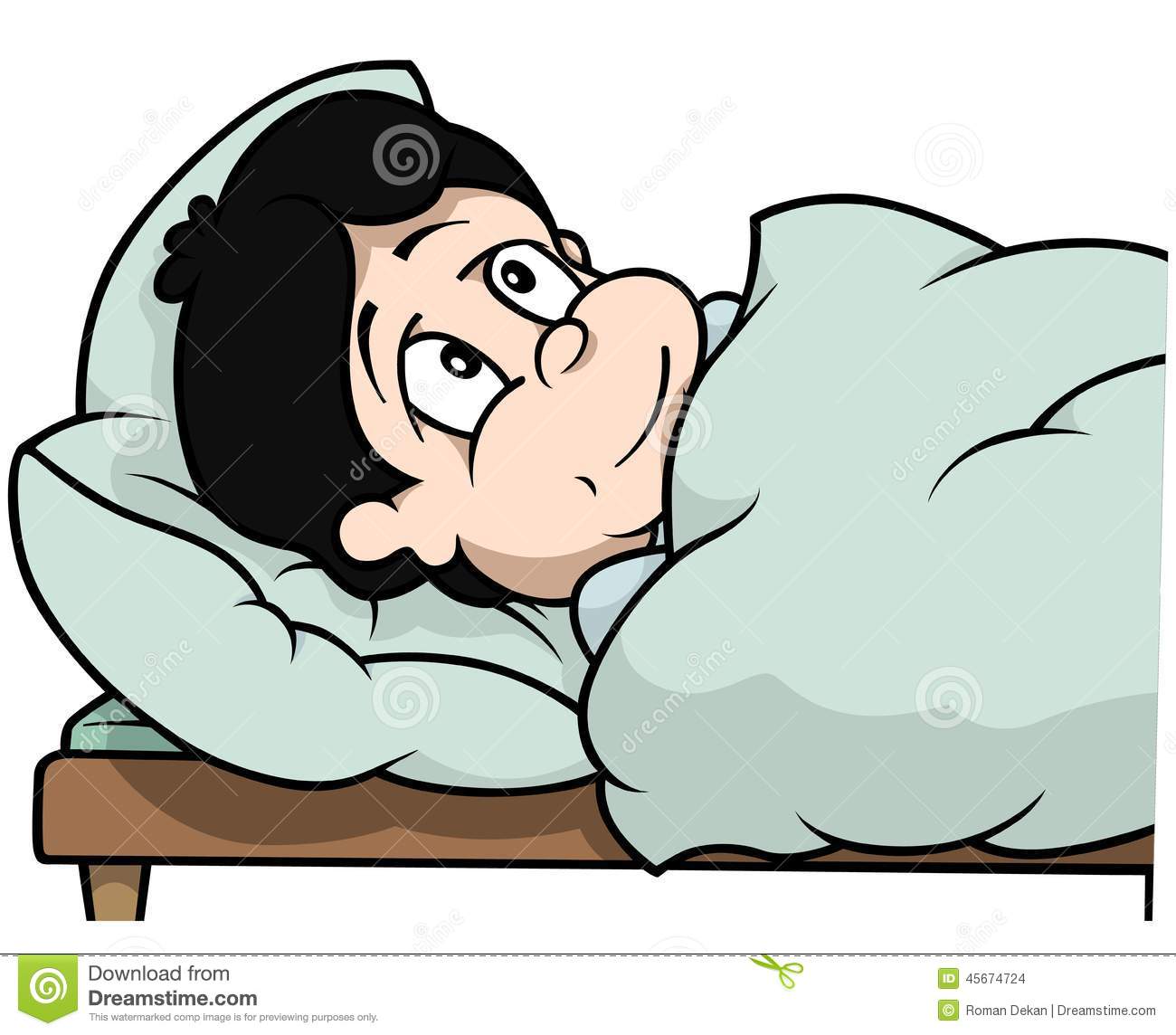 Boy Laying In Bed   Cartoon Illustration Vector