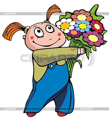 Cheerful Girl With Bunch Of Flowers Vector Illustration     Darkrise