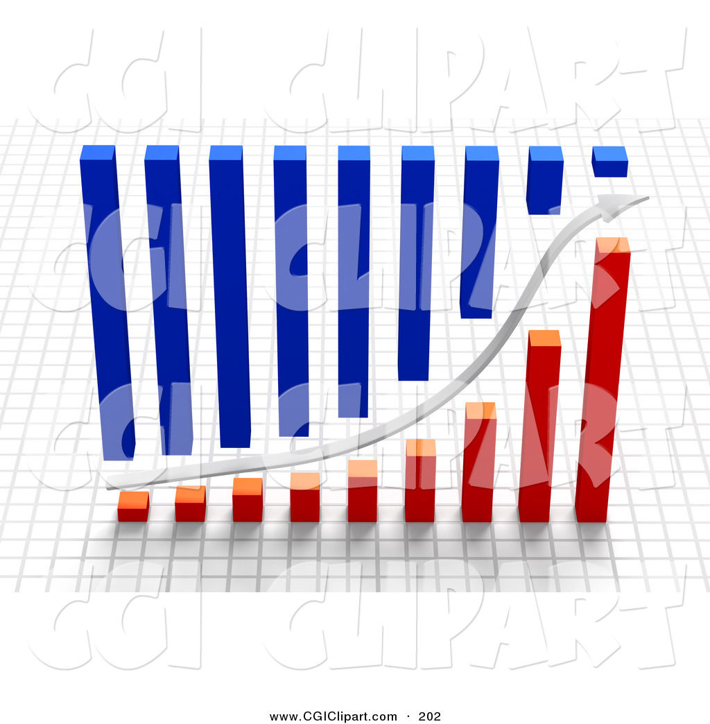Clip Art Of A 3d White Arrow Between Blue And Red Bar Graphs Over A    
