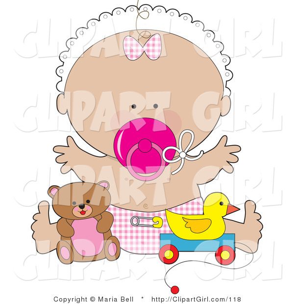 Clip Art Of A Happy Baby Girl In A White Bonnet Pink Checkered Bow    