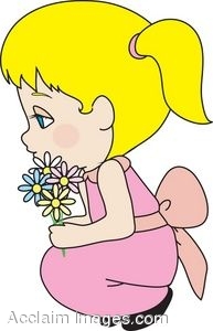   Clip Art Of A Small Girl Holding A Bunch Of Flowers  Clipart    