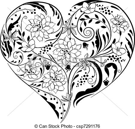 Clip Art Vector Of Black And White Plants And Flowers In Heart Shape    