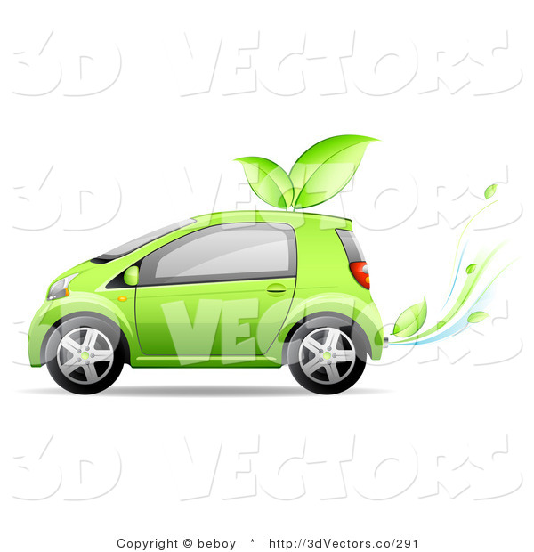 Clipart Of A Green Compact Car Running Off Of Bio Fuel With Leaves