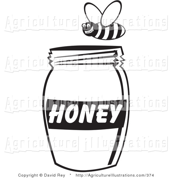 Clipart Of A Honey Bee Flying Above A Jar Of Honey Black And White