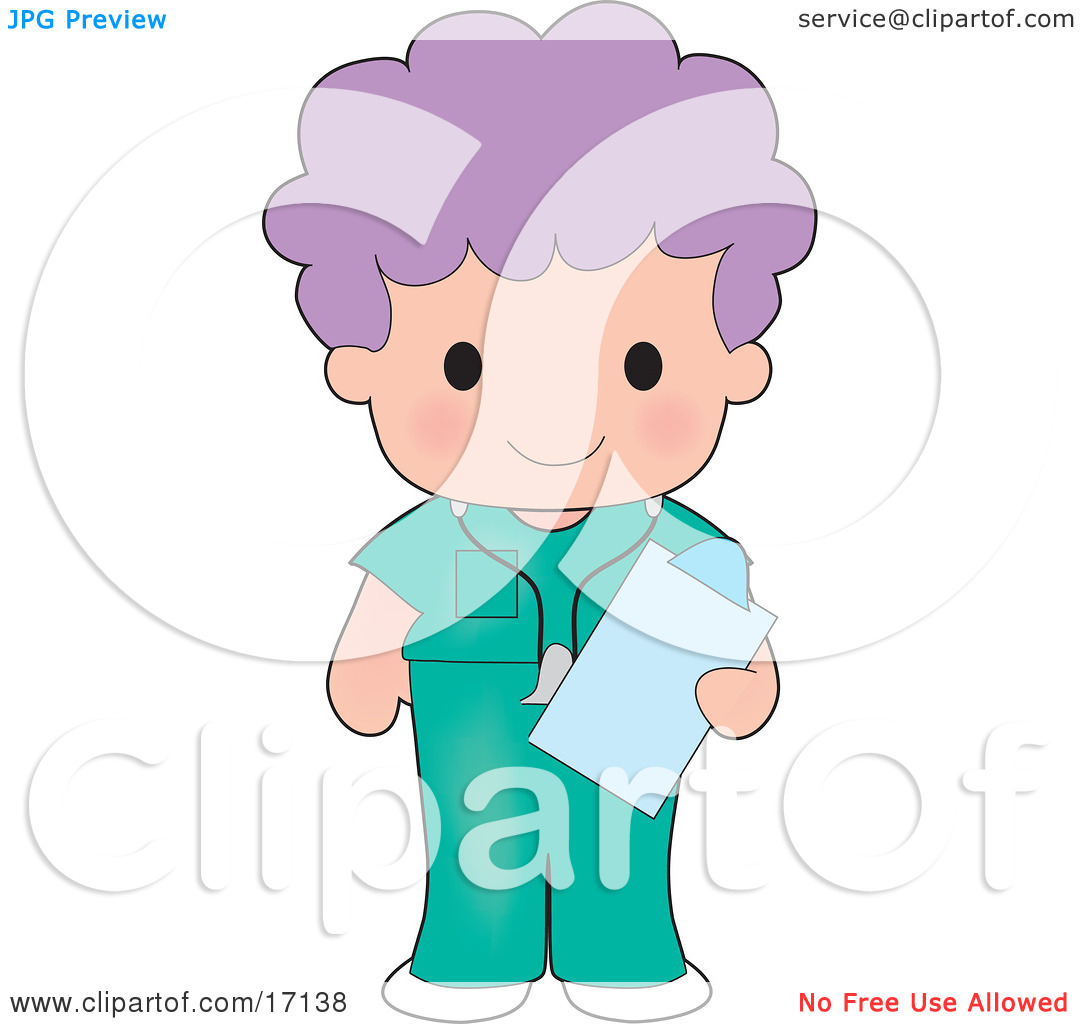 Female Purple Haired Medical Nurse Or Doctor In Scrubs Holding A