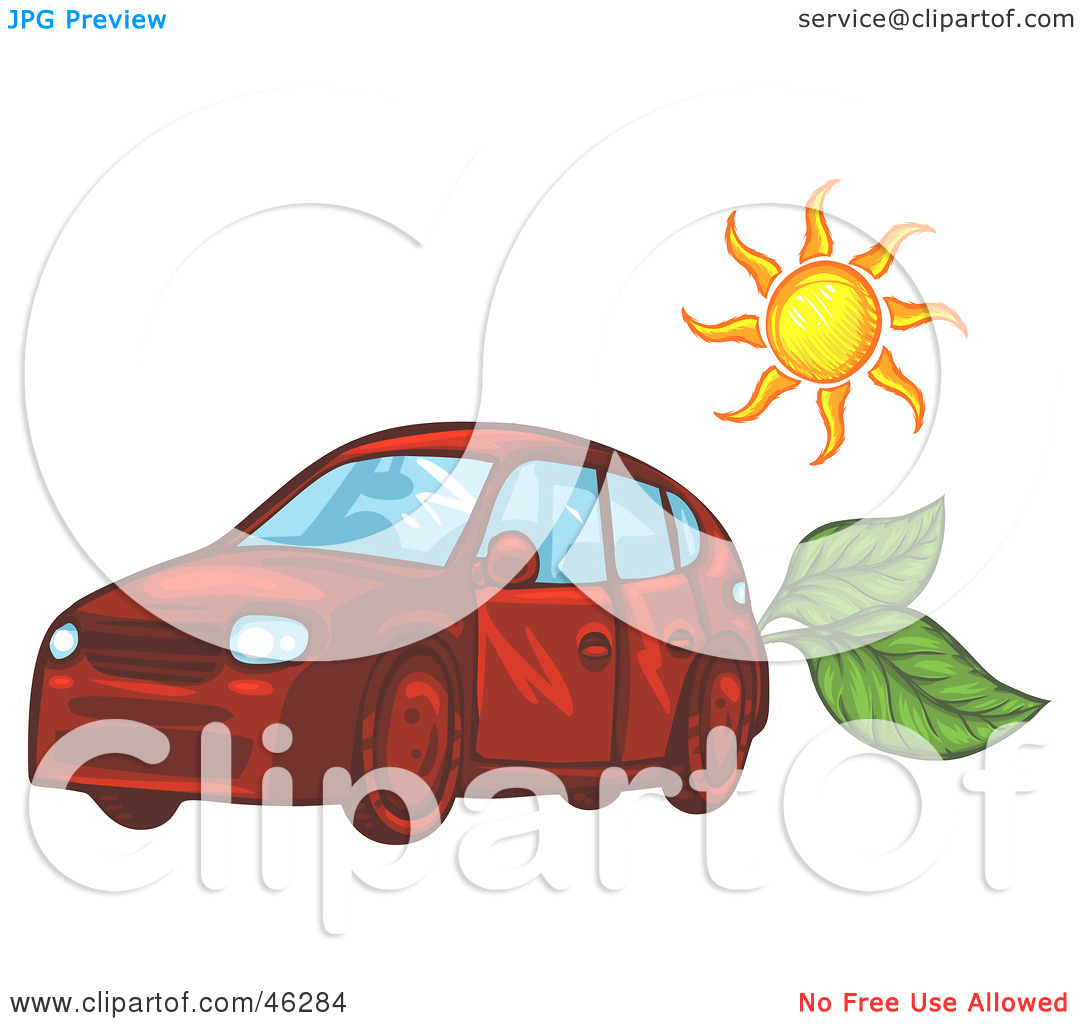 Free  Rf  Clipart Illustration Of The Sun Over A Red Solar Powered Car