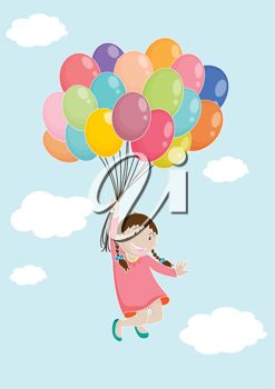 Girl Floating In The Air Holding A Bunch Of Birthday Balloons