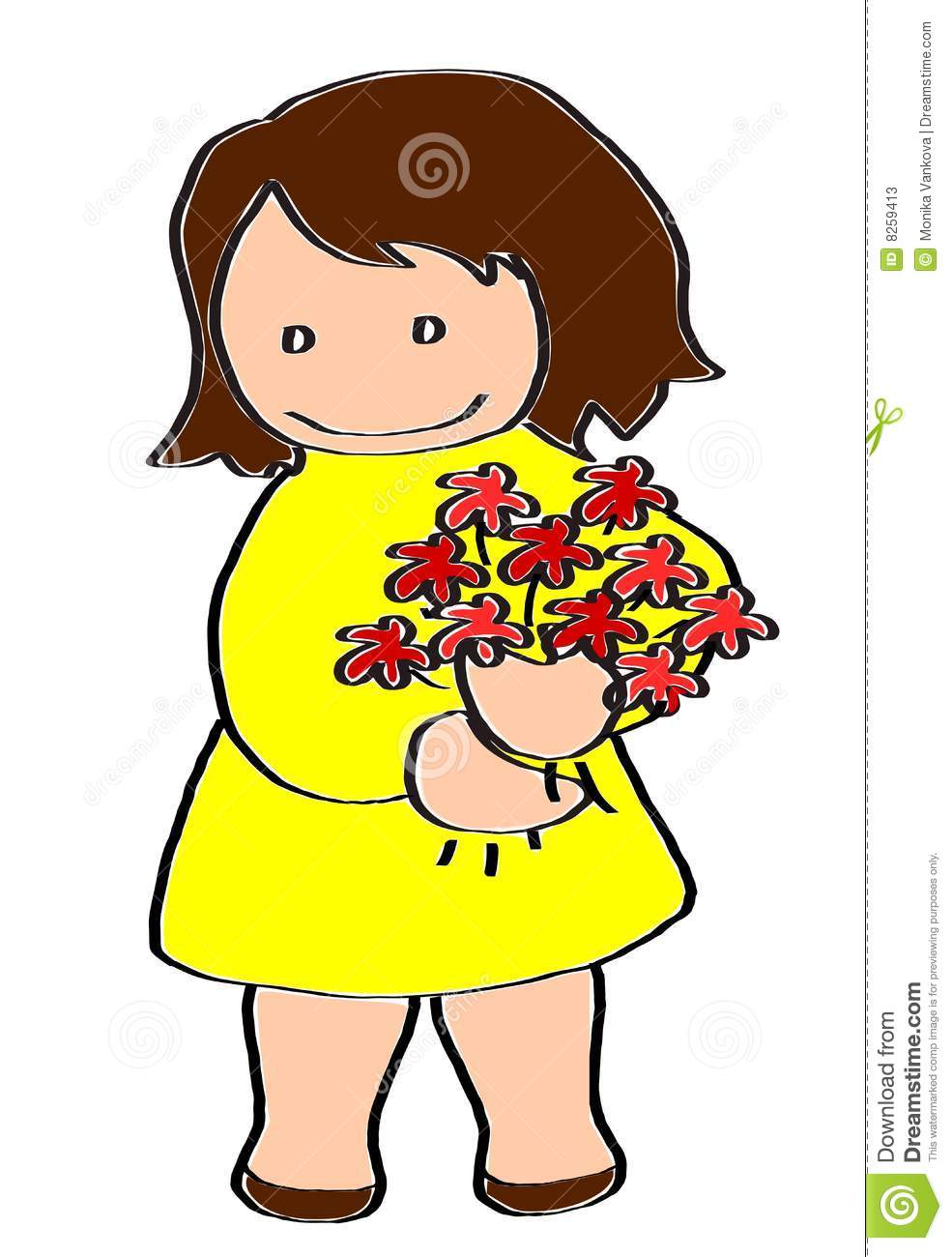 Girl With Brown Hair In A Yellow Dress With A Bunch Of Red Flowers