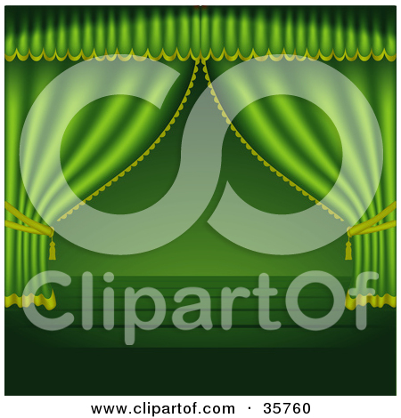 Green Stage Curtains Pulled To The Sides Over An Empty Wooden Stage