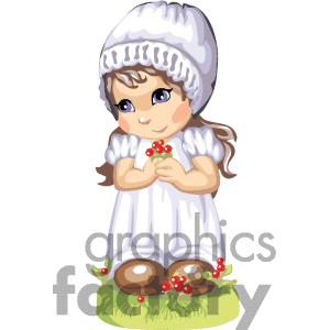 Little Girl In A White Dress With A White Bonnet Holding Berries