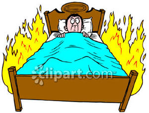 Man Laying In A Burning Bed   Royalty Free Clipart Picture