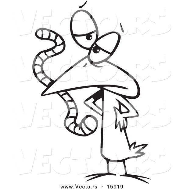 Of A Cartoon Bird Eating A Worm   Outlined Coloring Page Drawing