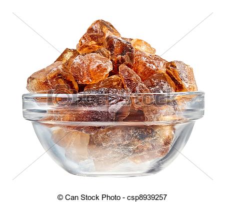 Stock Photo   Brown Lump Cane Sugar Heap In Glass Bowl Isolated On