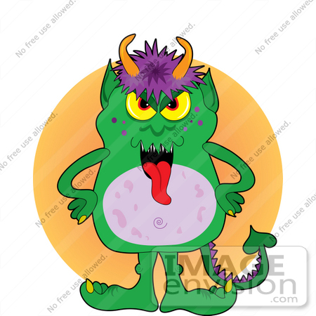 Tongued Green Monster With Purple Hair And Orange Horns By Maria Bell