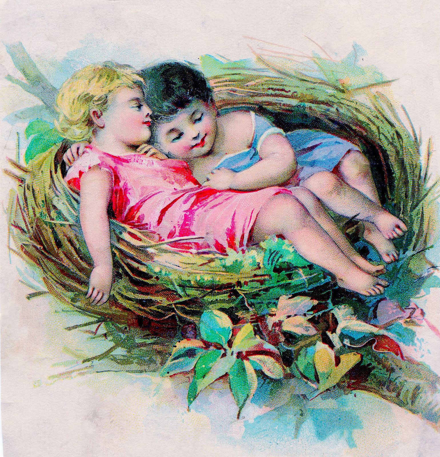 Vintage Clip Art Graphic   Sweet Children In Bird Nest   The Graphics