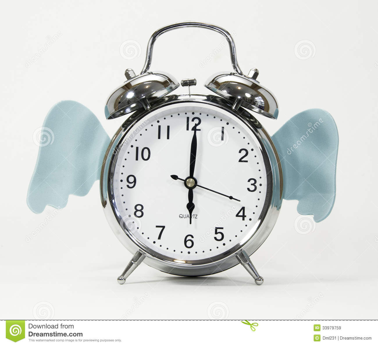 Vintage Silver Alarm Clock With Blue Wings Against A White Background