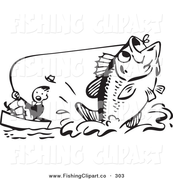 Clip Art Of A Retro Black And White Man Pulling Up A Giant Fish By    