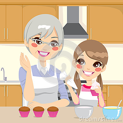 Grandmother Teaching Granddaughter In Kitchen Royalty Free Stock Image    
