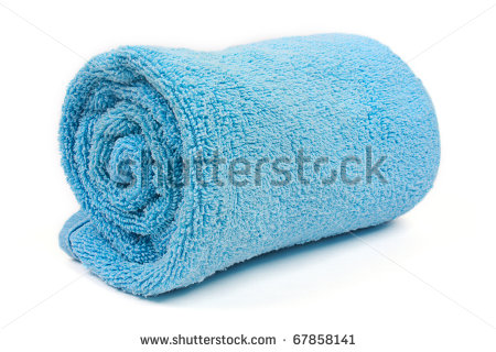 Rolled Up Blue Beach Towel On White Background   Stock Photo