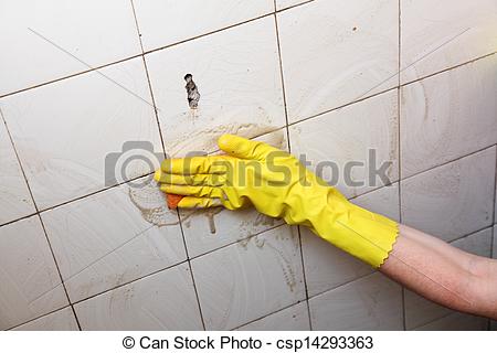 Stock Image Of Cleaning Of Dirty Old Tiles In A Bathroom   Gloved Hand    