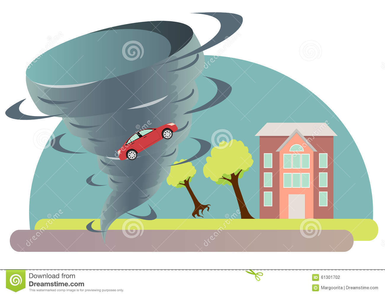 Tornado Twisted Tree And A Car  Vector Illustration