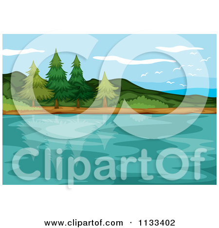 Cartoon Of Trees On A Lake Shore 1   Royalty Free Vector Clipart By