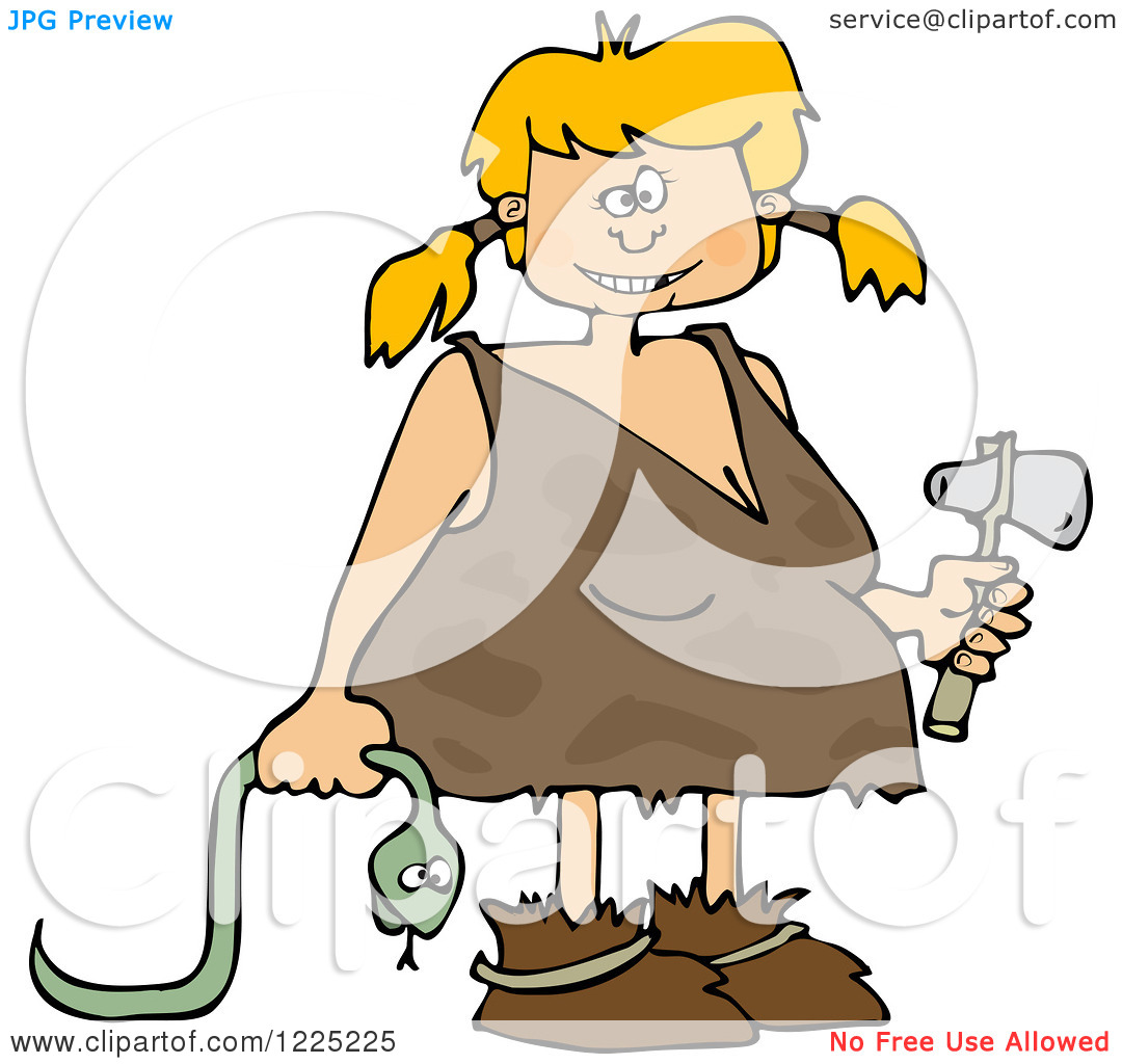 Clipart Of A Cave Girl Holding A Snake And Hammer   Royalty Free