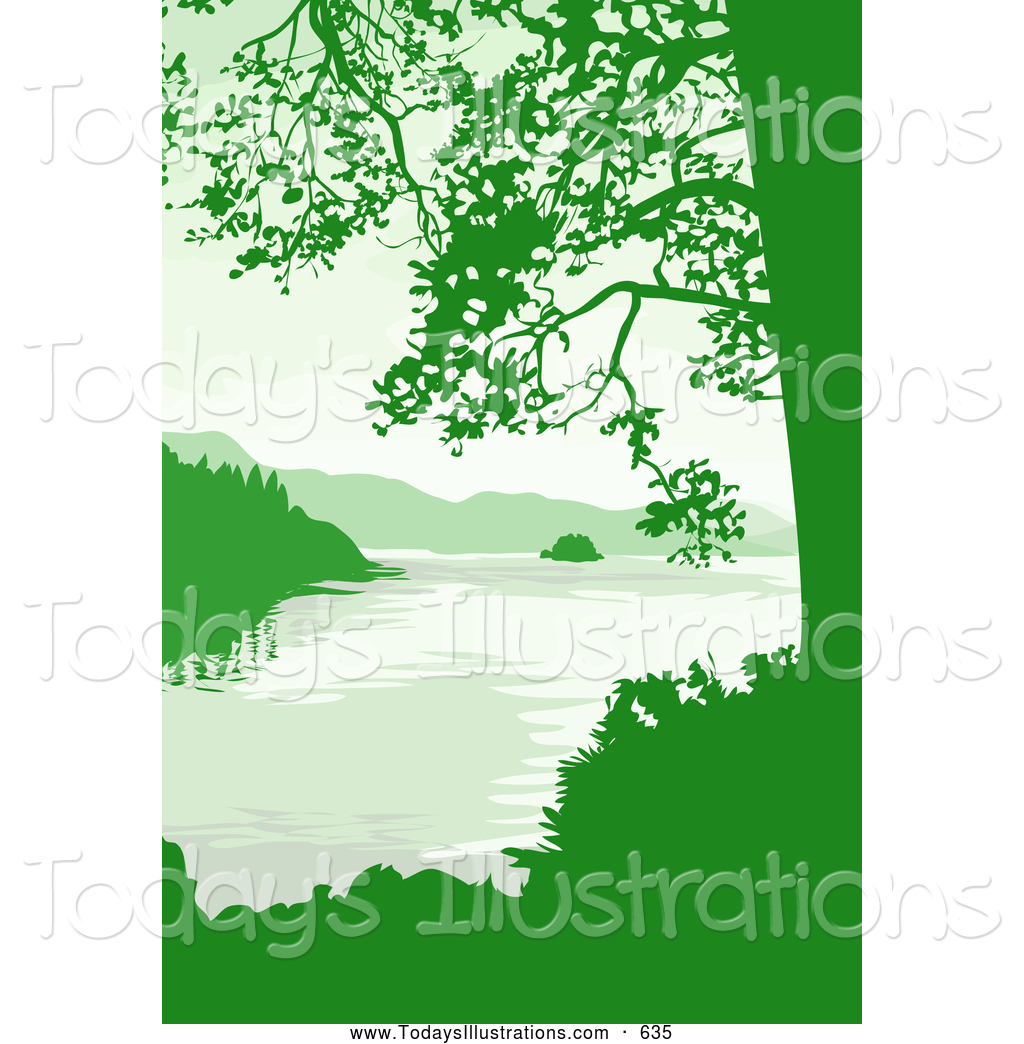 Clipart Of A Pretty Lake Mountains And Trees In Green Tones By Geo