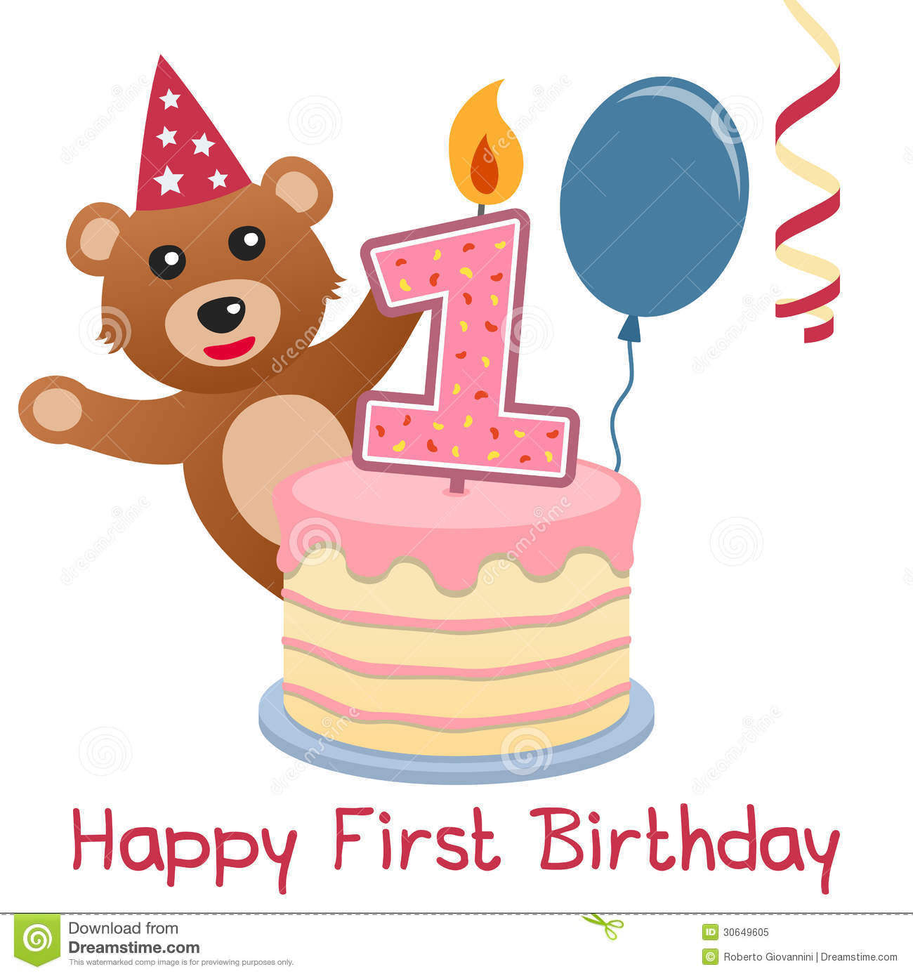 Happy First Birthday Greeting Card With A Cute Teddy Bear A Birthday