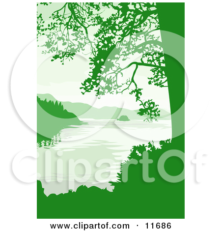 Lake Mountains And Trees In Green Tones Clipart Illustration By Geo
