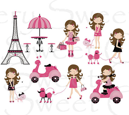 Paris Fashion Girl Poodle Clipart Digital Illustration Set Of 9 Brown