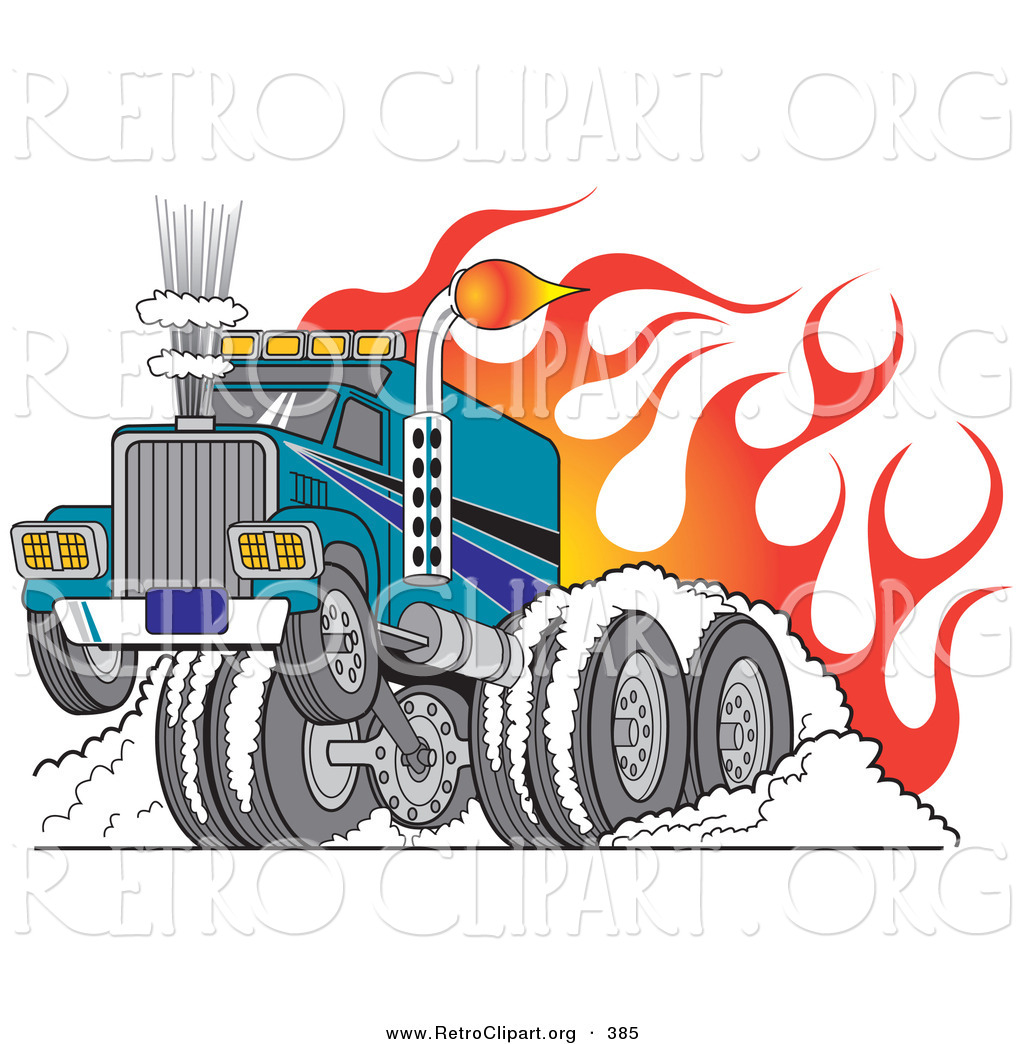 Retro Clipart Of A Tough Big Rig Hot Rod Truck Flaming And Smoking Its