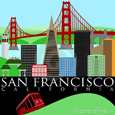 San Francisco California Skyline With Golden Gate Bridge By The Bay    