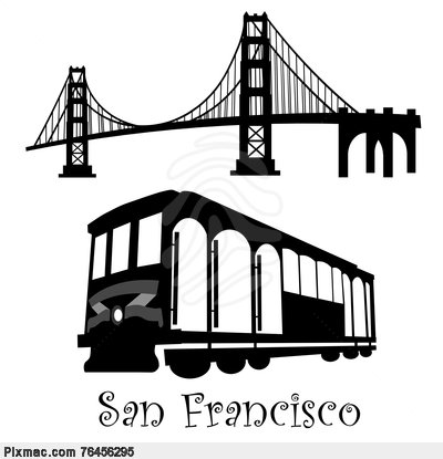 San Francisco Golden Gate Bridge And Cable Car Trolley Illustration