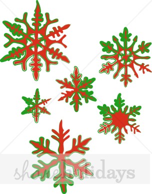 Six Fancy Red And Green Snowflakes   Snowflake Clipart