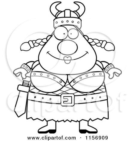 Cartoon Clipart Of A Black And White Chubby Female Viking With Signs    