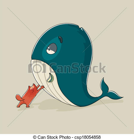 Cartoon Illustration Of A Cute Cat With A Sickly Or Dead Whale Trying