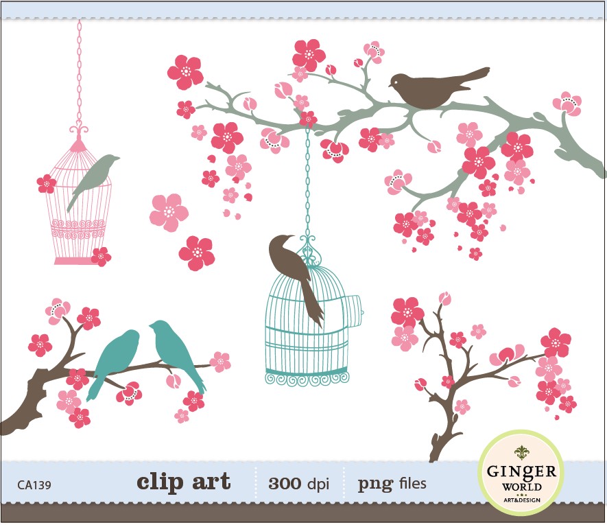 Cherry Flower Birds Clipart Bird Cage Clip Art By Gingerworld