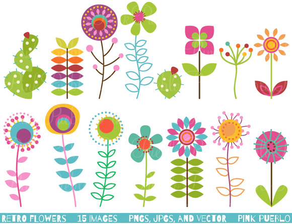 Modern Flower Clip Art Retro Flowers Clipart  