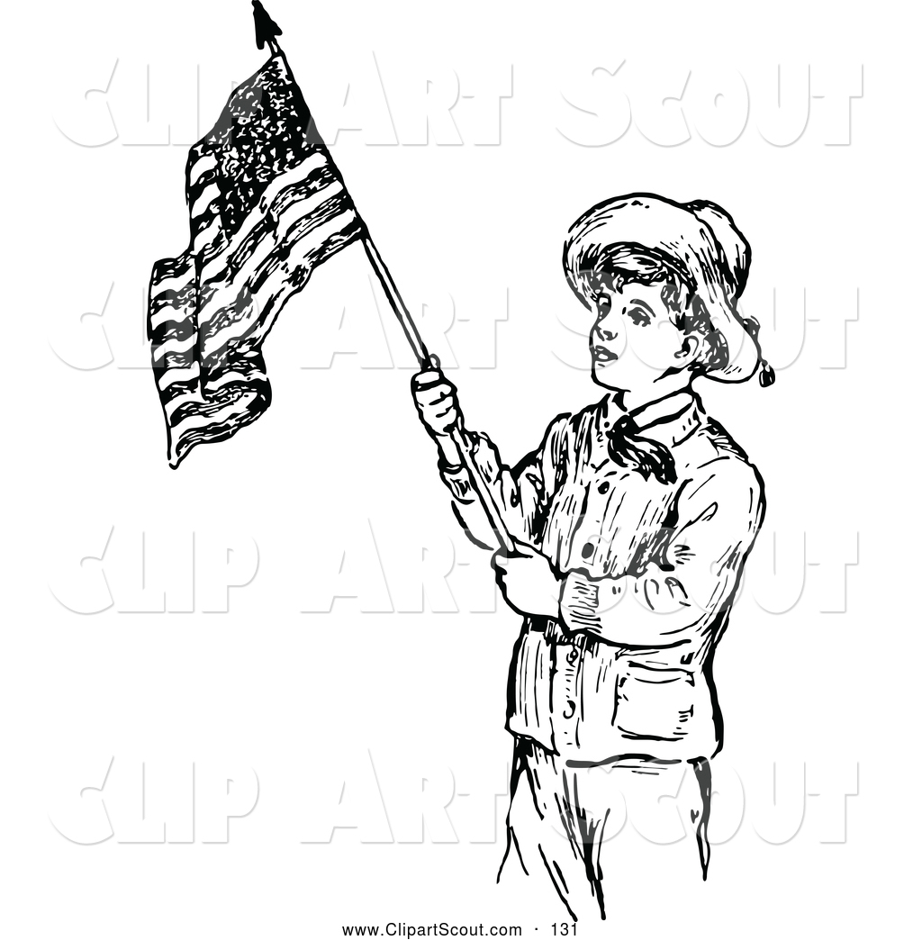 Old Fashioned Retro Vintage Black And White Scout Boy With An American