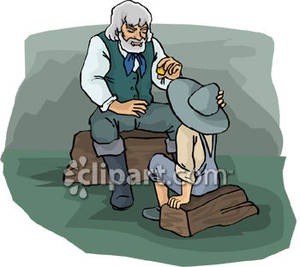 Old Pioneer Man Talking To A Little Boy   Royalty Free Clipart Picture