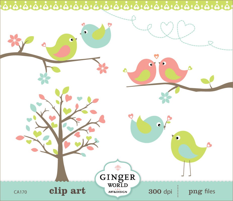 Spring Turquoise Kissing Love Birds Forest Clipart By Gingerworld