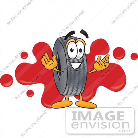 Styled Clip Art Graphic Of A Tire Character With Red Paint Splatters