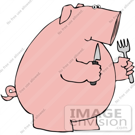 42738 Clipart Illustration Of A Hungry Pink Pig Holding A Knife And