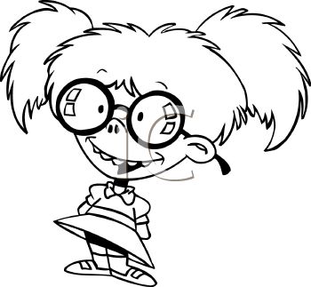Black And White Cartoon Of A Girl With Huge Glasses   Royalty Free