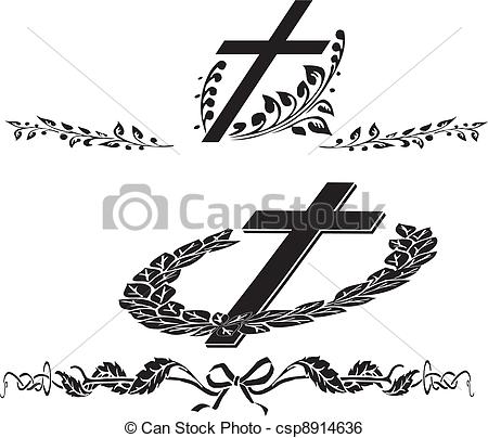 Clip Art Vector Of Cross Funeral Wreath   Decorating A Memorial Plaque