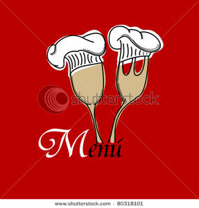 Clipart Image Of A Spoon And Fork With Chef Hats On Red Background 