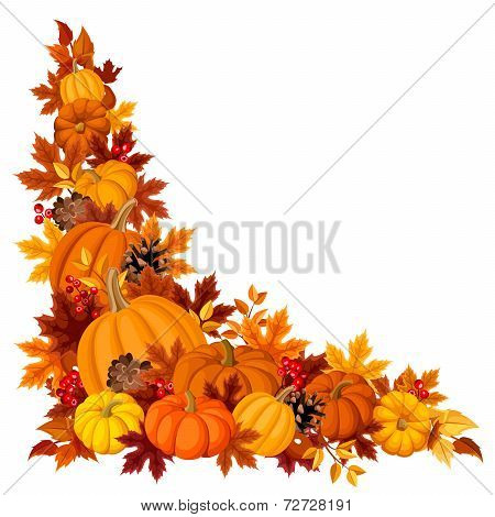 Corner Background With Pumpkins And Autumn Leaves  Vector Illustration