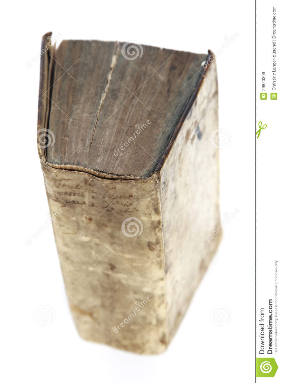 High Angle View Of An Old Worn Vintage Hardcover Book With A Stained    